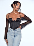 Pixie Black Mesh Sleeves Halter Boned Corset Satin Top Club Cocktail