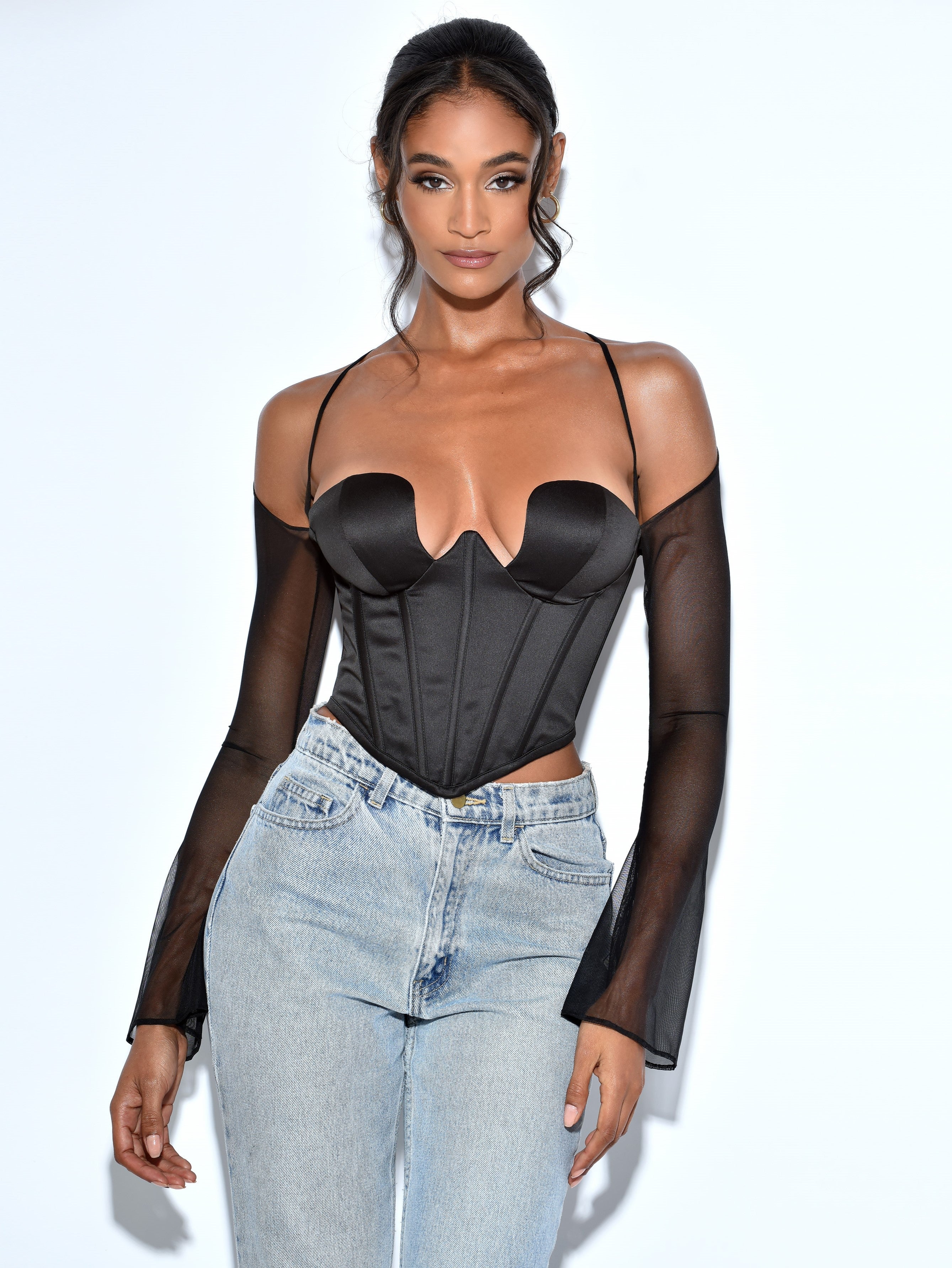 Pixie Black Mesh Sleeves Halter Boned Corset Satin Top Club Cocktail