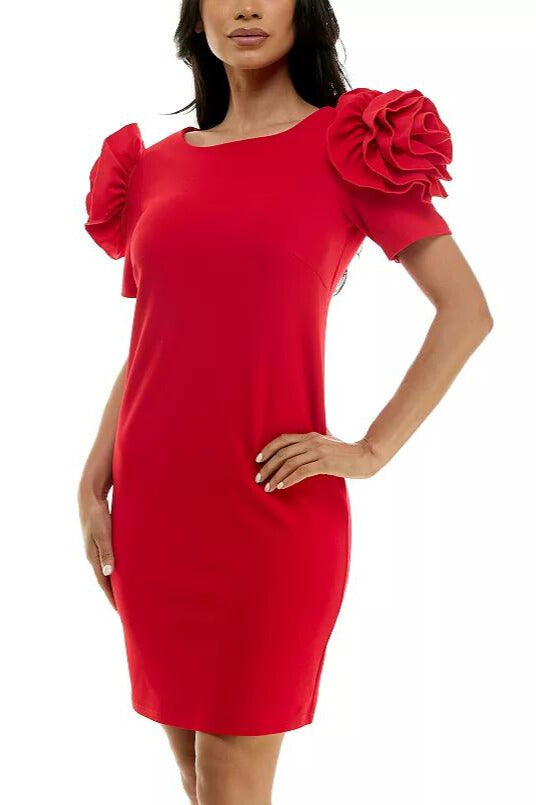 Nina Leonard Shoulder Flower Ruffle Mini Sheath Dress church career crepe