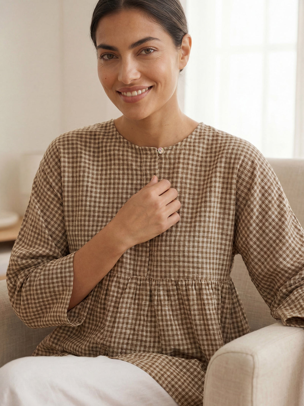 Linen Checked Long-Sleeved Top CAROLINE ladies gingham shirt