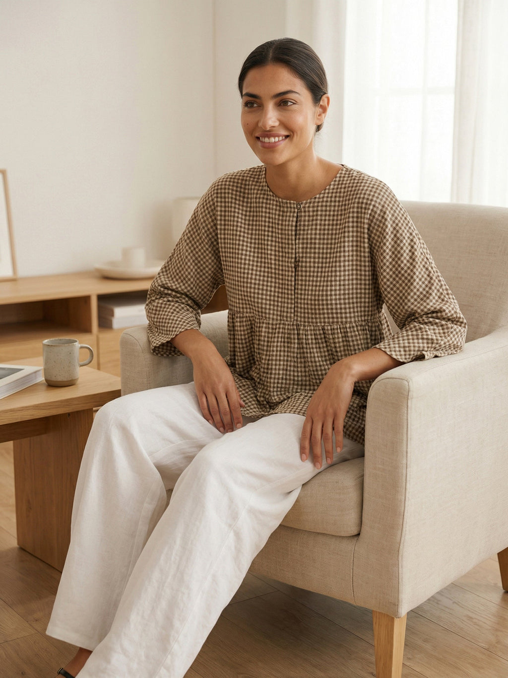 Linen Checked Long-Sleeved Top CAROLINE ladies gingham shirt