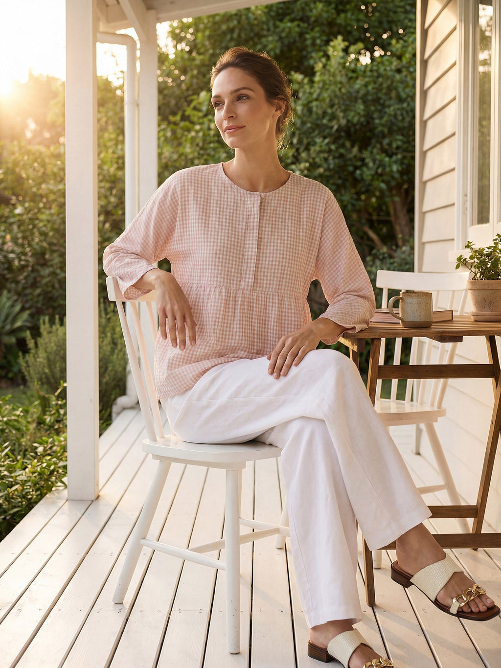 Linen Checked Long-Sleeved Top CAROLINE ladies gingham shirt