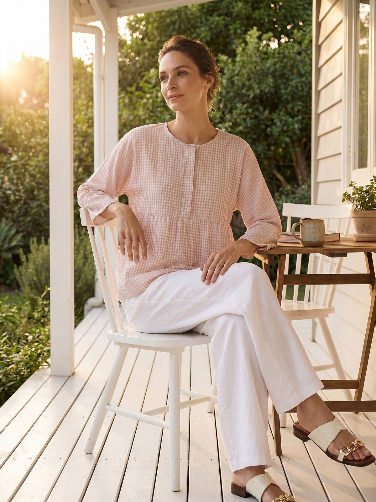 Linen Checked Long-Sleeved Top CAROLINE ladies gingham shirt