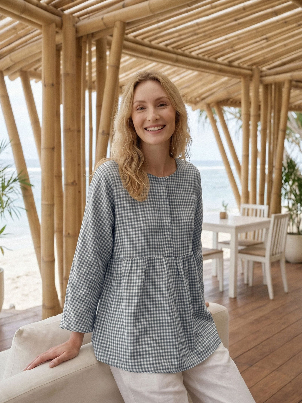 Linen Checked Long-Sleeved Top CAROLINE ladies gingham shirt