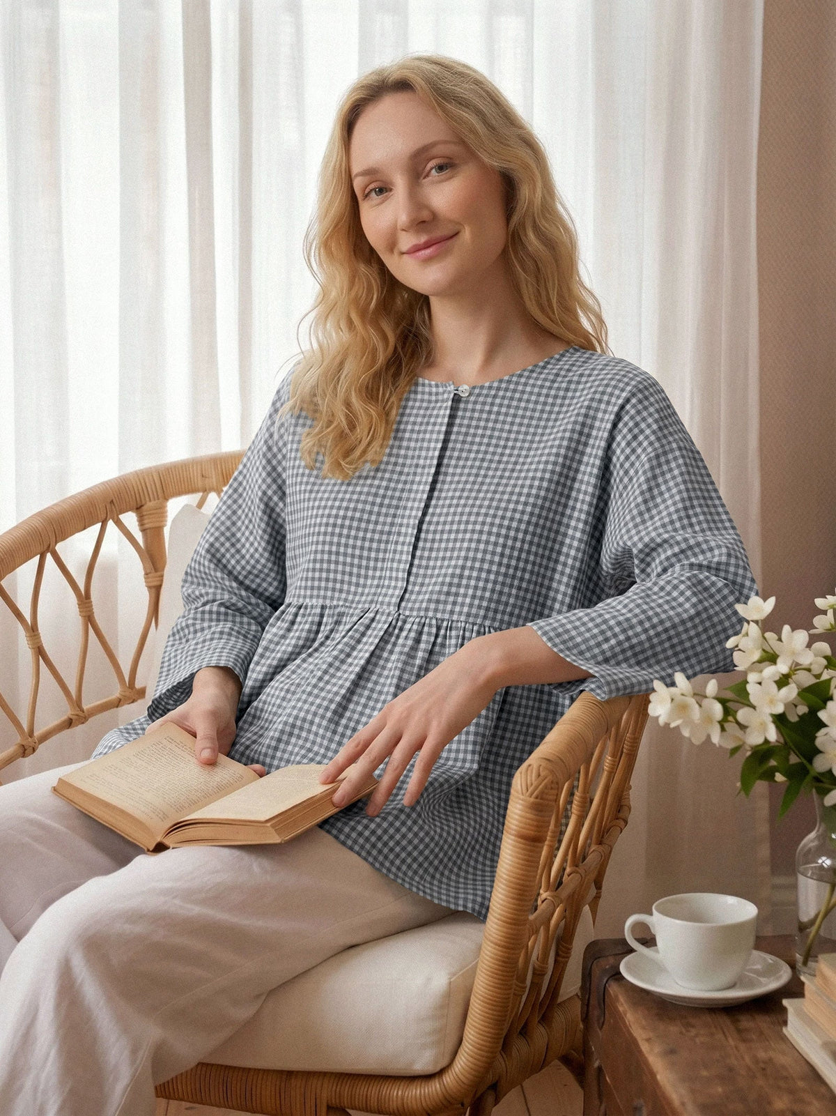 Linen Checked Long-Sleeved Top CAROLINE ladies gingham shirt