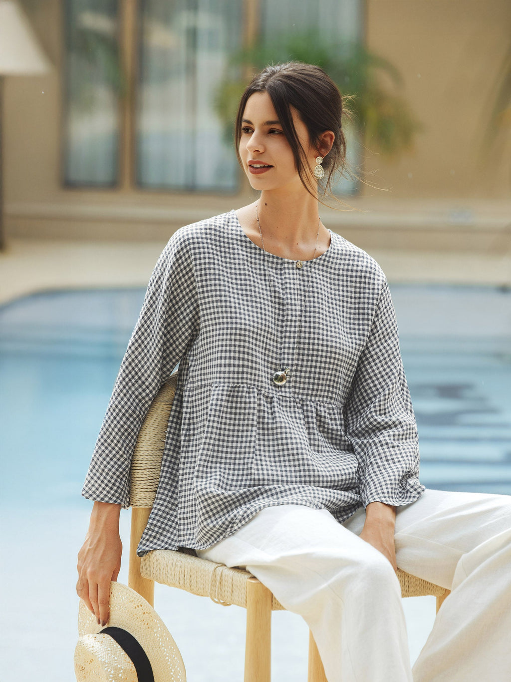 Linen Checked Long-Sleeved Top CAROLINE ladies gingham shirt