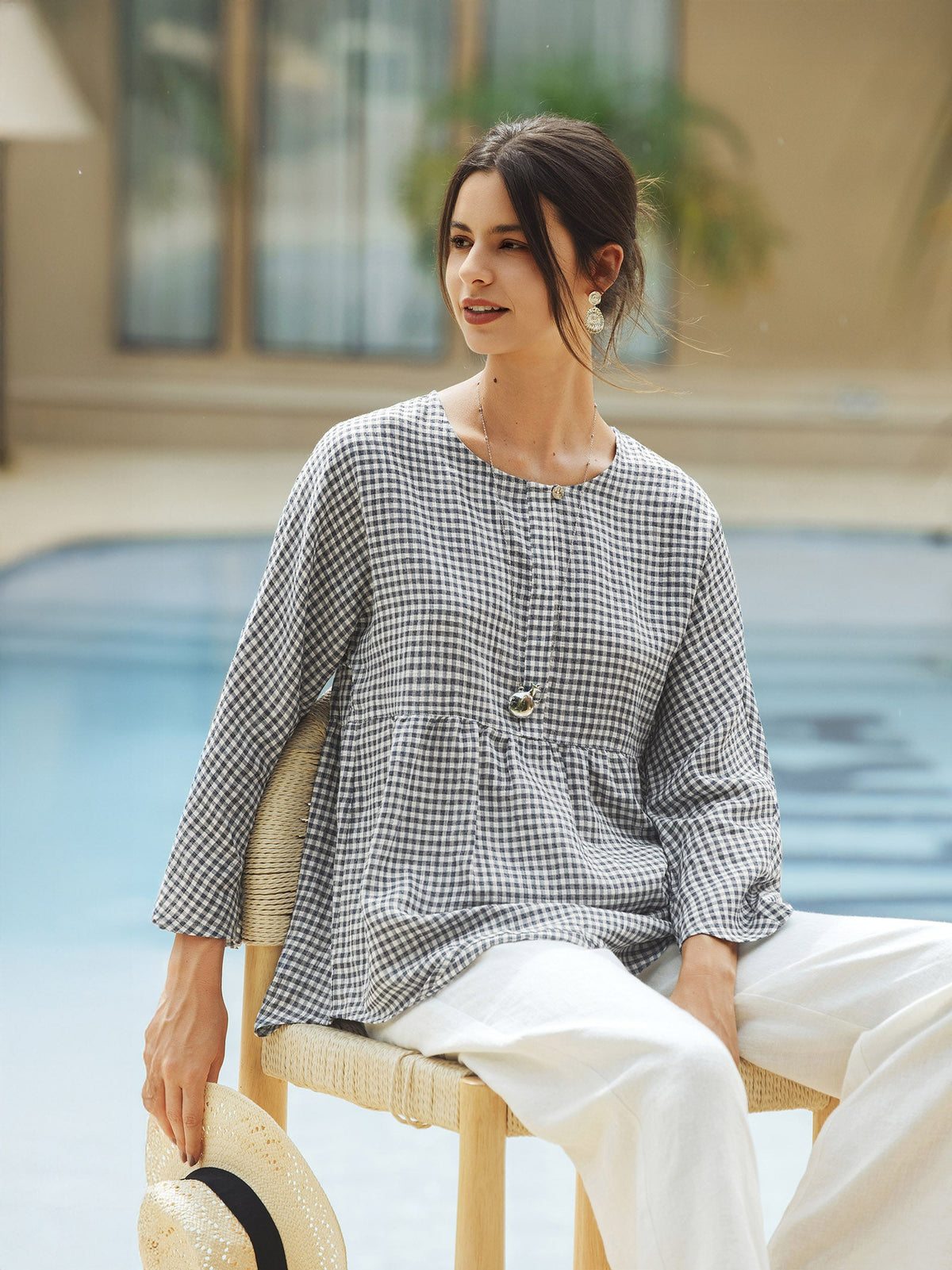 Linen Checked Long-Sleeved Top CAROLINE ladies gingham shirt