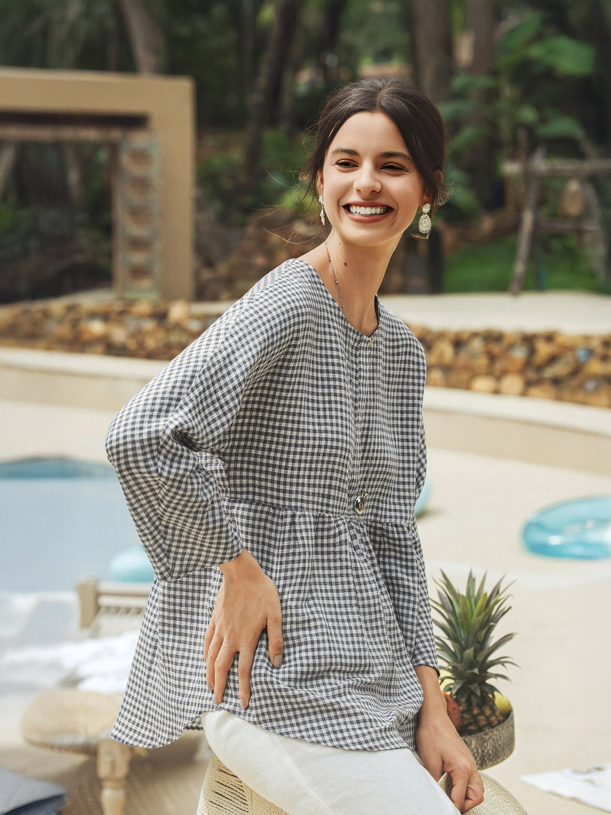 Linen Checked Long-Sleeved Top CAROLINE ladies gingham shirt