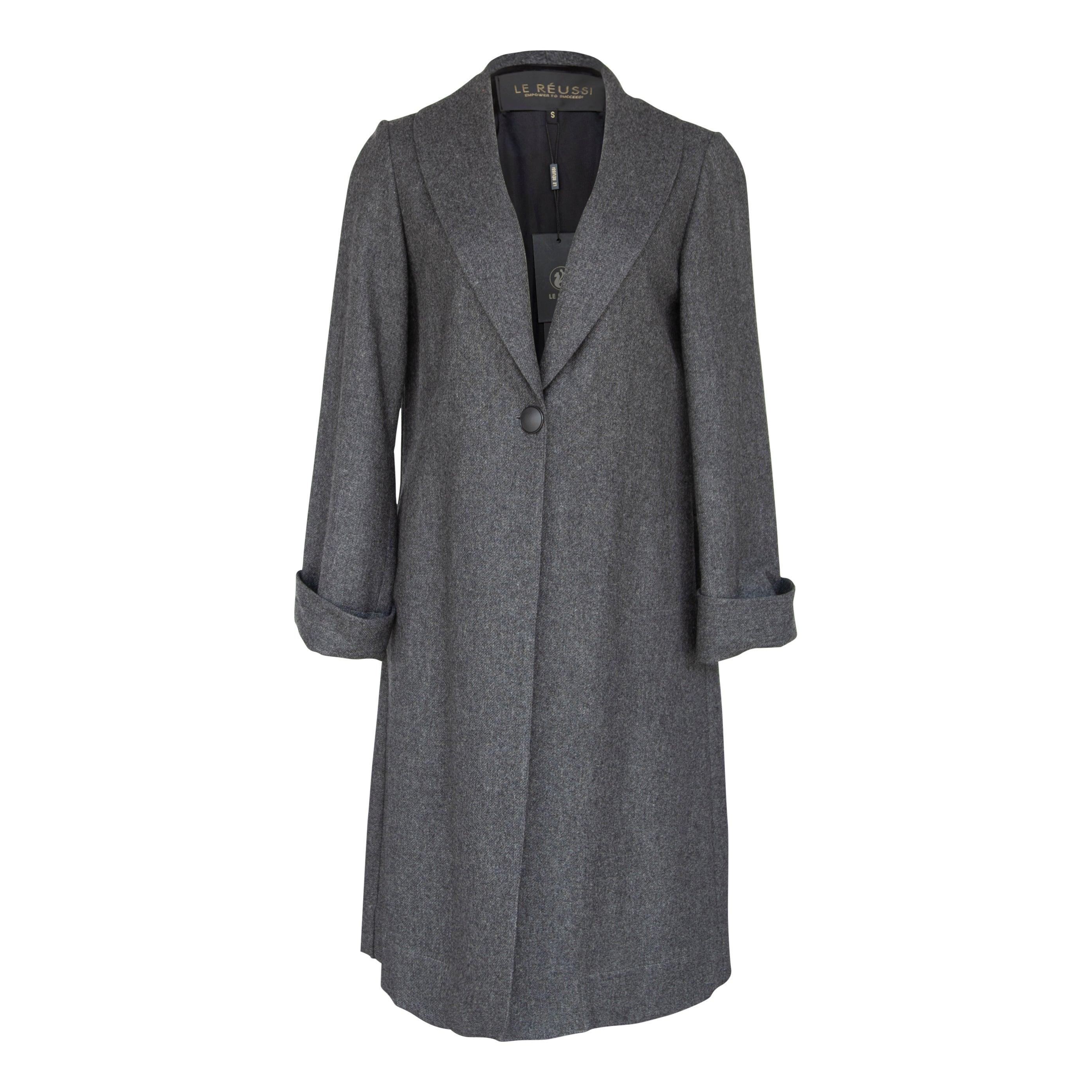 Worsted Wool Flannel Long Trench Coat Gray Ladies Elegant Outerwear