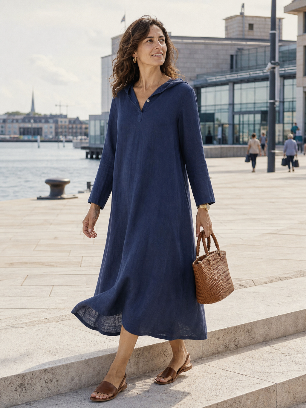 100% Linen Hooded Pullover Maxi Dress REBECCA navy Lintico