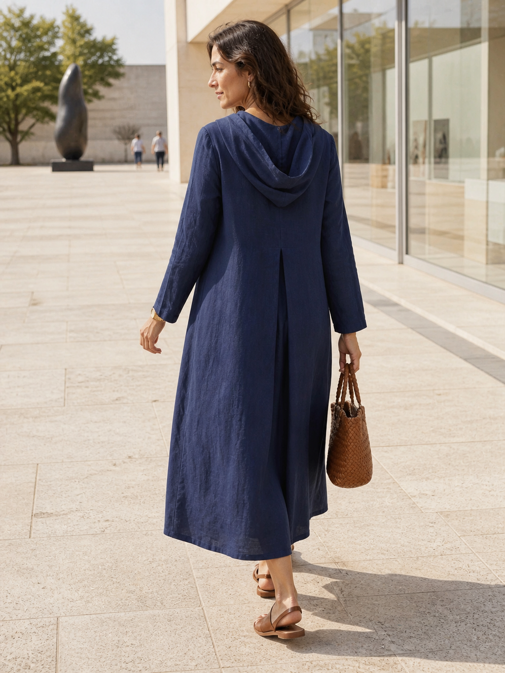 100% Linen Hooded Pullover Maxi Dress REBECCA navy Lintico