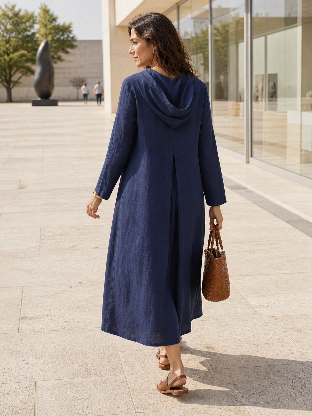 100% Linen Hooded Pullover Maxi Dress REBECCA navy Lintico