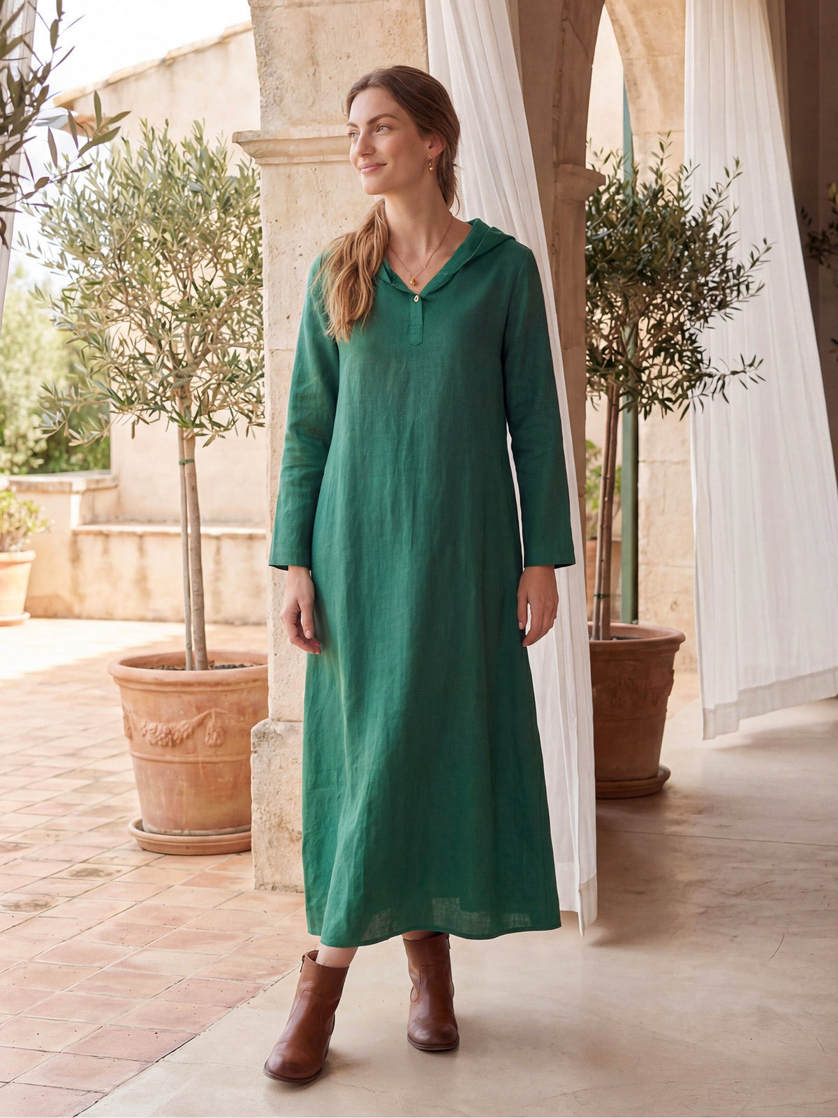 100% Linen Hooded Pullover Maxi Dress REBECCA navy Lintico