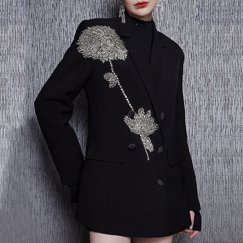 Elegant Beaded Three Dimensional Floral Stitching Slimming Blazer Jacket