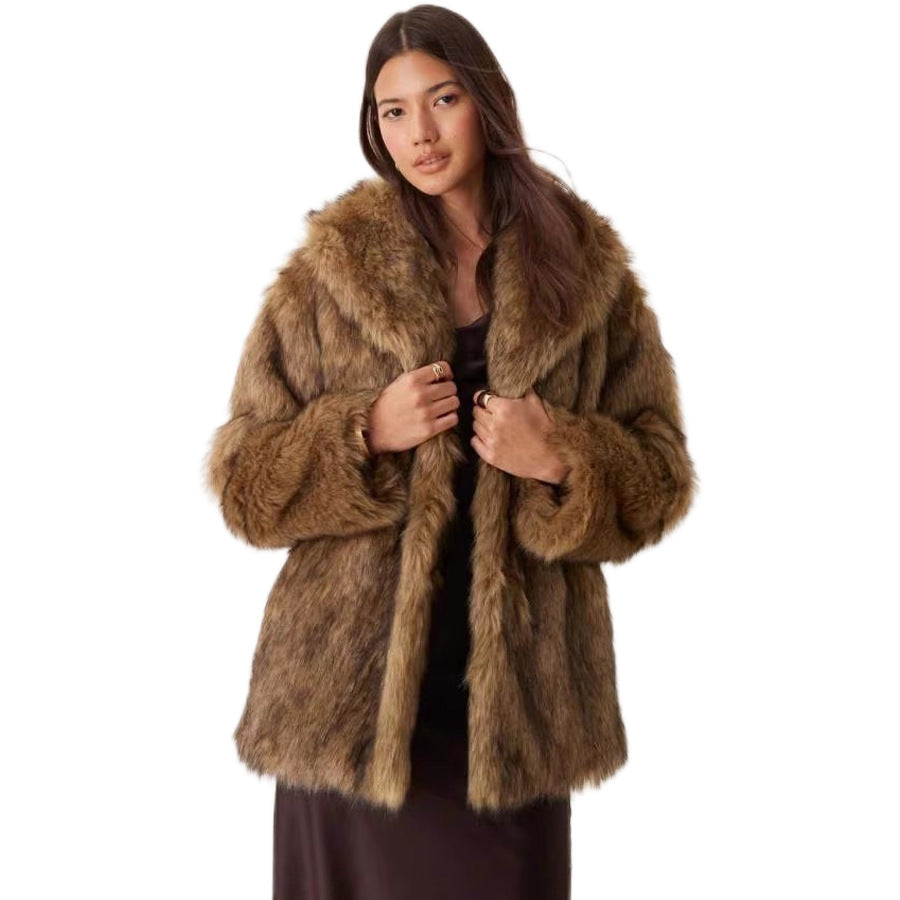 Imitation Raccoon Fur Mid Length Coat Faux Long Sleeve Winter Jacket