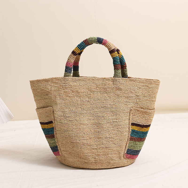 High Grade Raffia Straw Woven Bag Outer striped Pockets Straw Seaside Vacation Beach Bag purse