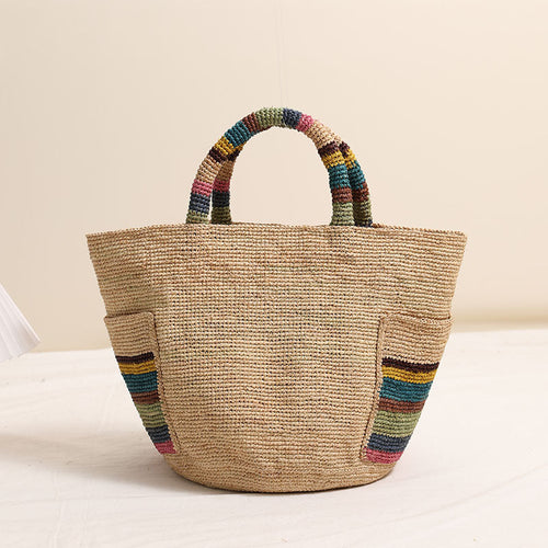 High Grade Raffia Straw Woven Bag Outer striped Pockets Straw Seaside Vacation Beach Bag purse