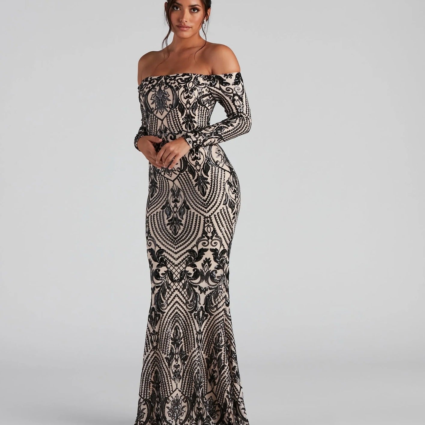 Elegant Sequined off shoulder Cocktail Evening Maxi Dress Formal