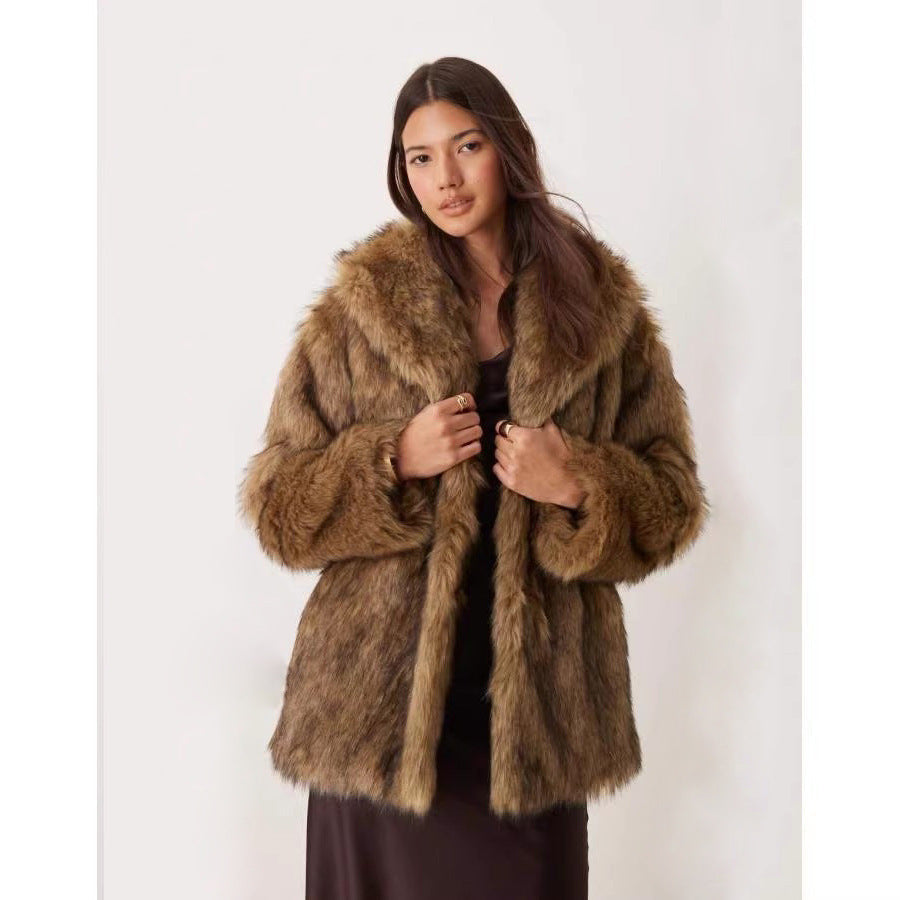 Imitation Raccoon Fur Mid Length Coat Faux Long Sleeve Winter Jacket