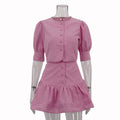 Casual Skirt Outfit Puff Sleeve Short Top Stitching A line Skirt Two Piece Set pink