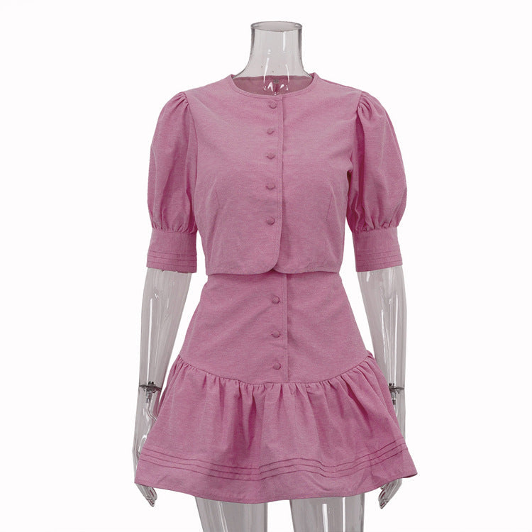Casual Skirt Outfit Puff Sleeve Short Top Stitching A line Skirt Two Piece Set pink