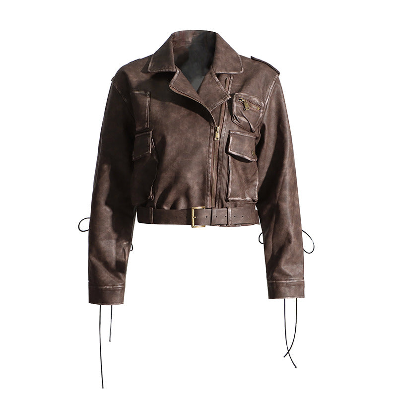 Niche Design Short Distressed Leather Motorcycle Coat Asymmetric Zipper Tooling