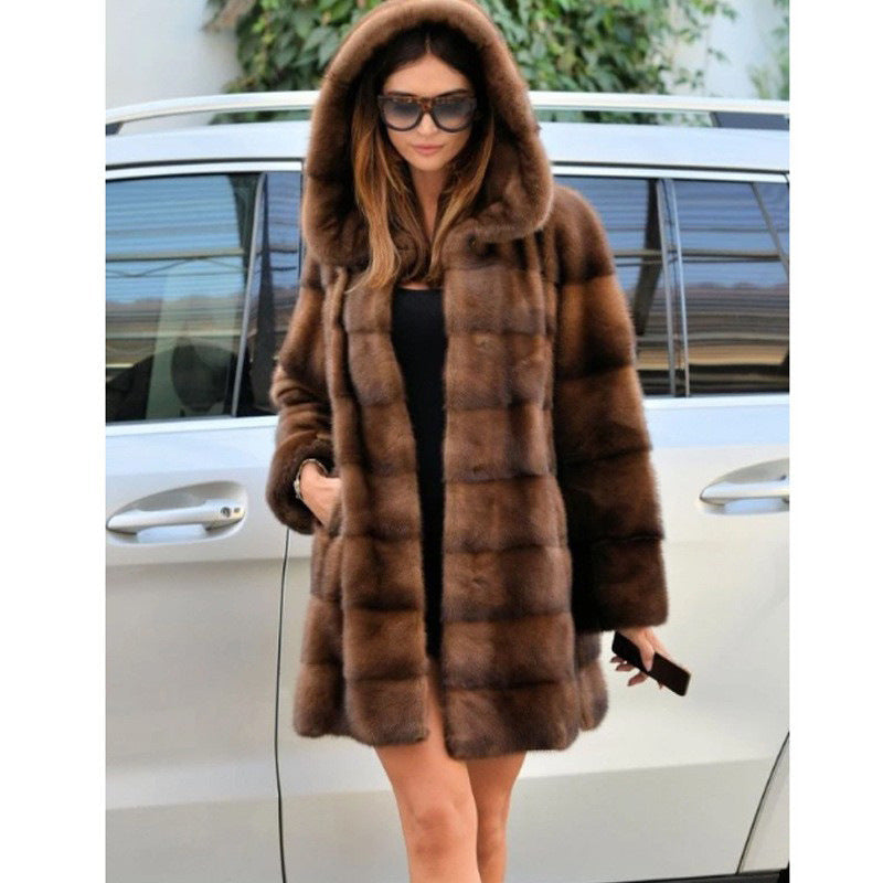 Artificial Mink Hair Faux Fur Coat Mid Length Hooded Coat plus Size Warm