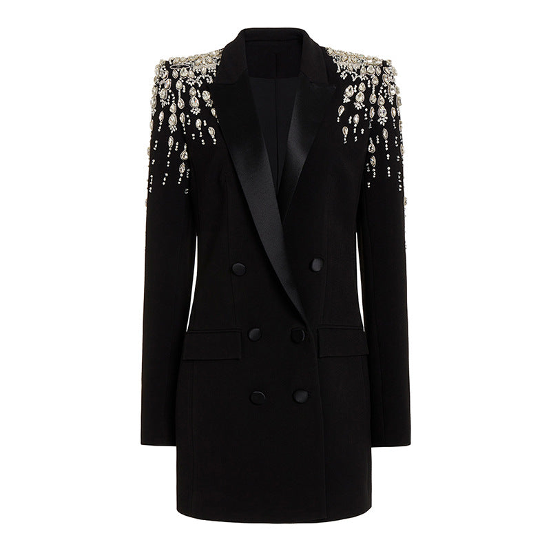 Handmade Rhinestone Embellished Beaded Diamond Slim Fit Long Blazer Jacket Dressy