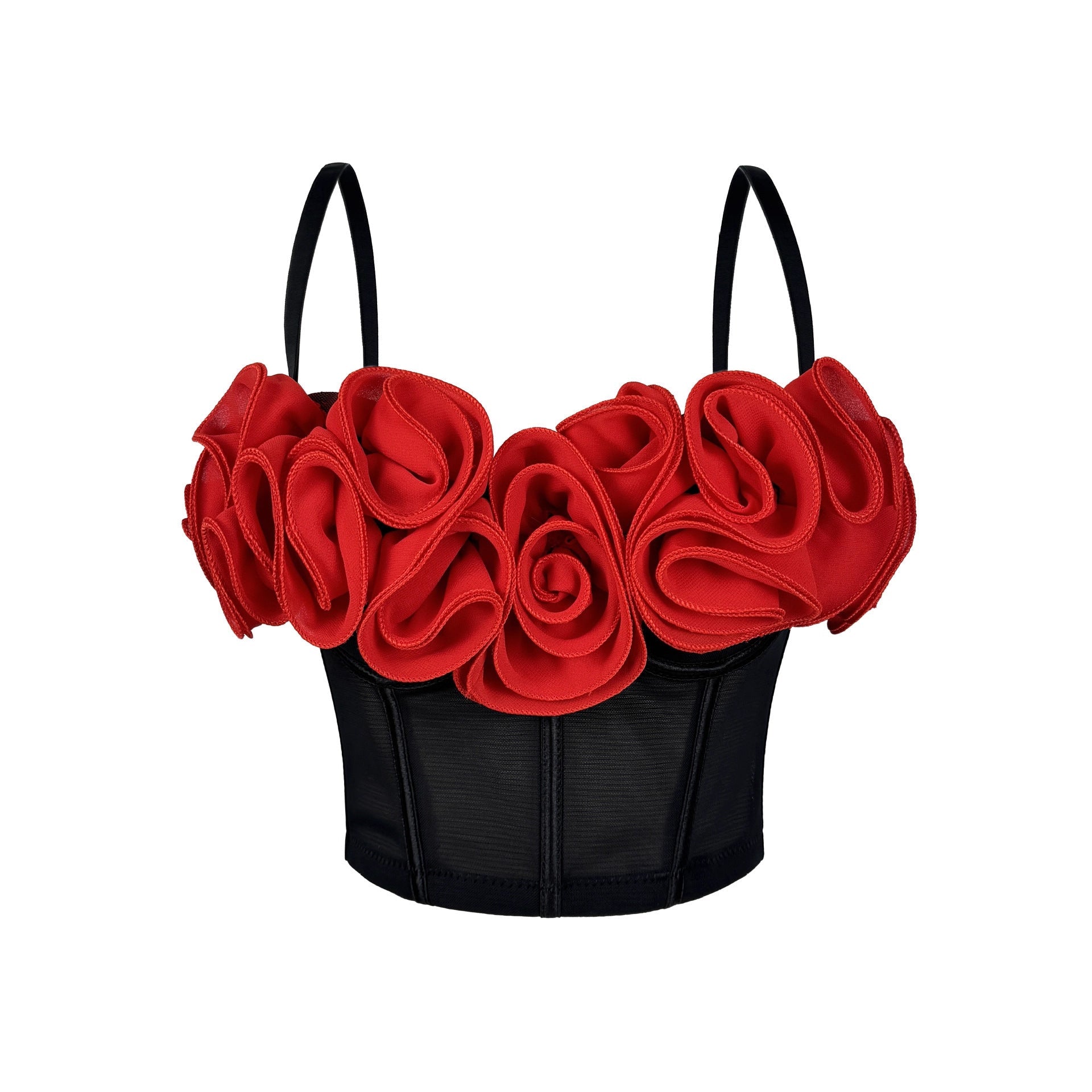 Three Dimensional Boning Corset Bra Top Tulle Lace Fishnet Cami Ruffled