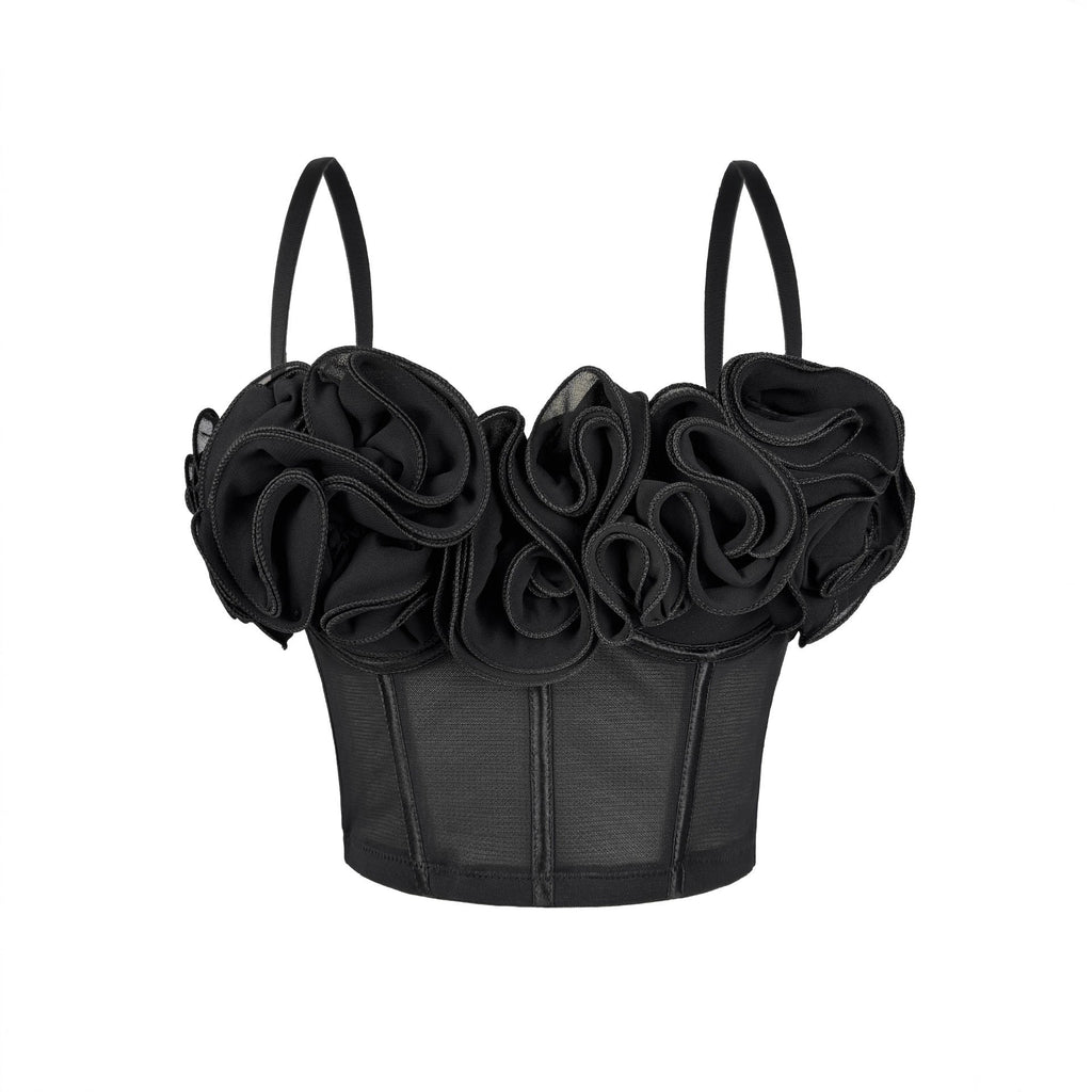 Three Dimensional Boning Corset Bra Top Tulle Lace Fishnet Cami Ruffled