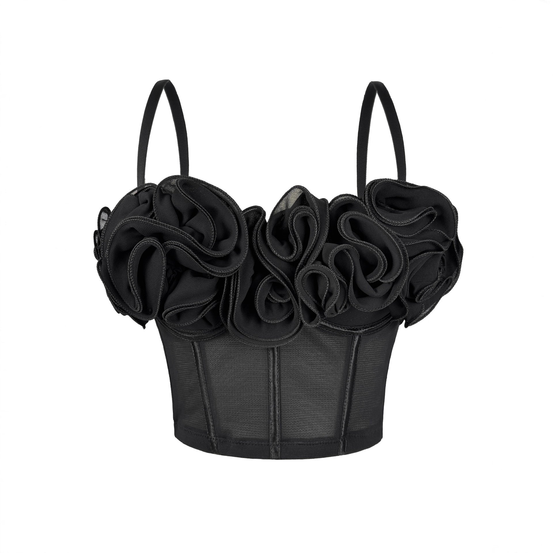 Three Dimensional Boning Corset Bra Top Tulle Lace Fishnet Cami Ruffled