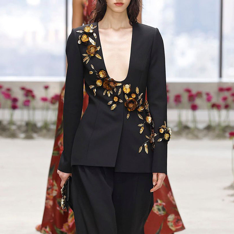 Elegant Heavy Industry Blazer Floral Stitching Design 3D Embellished