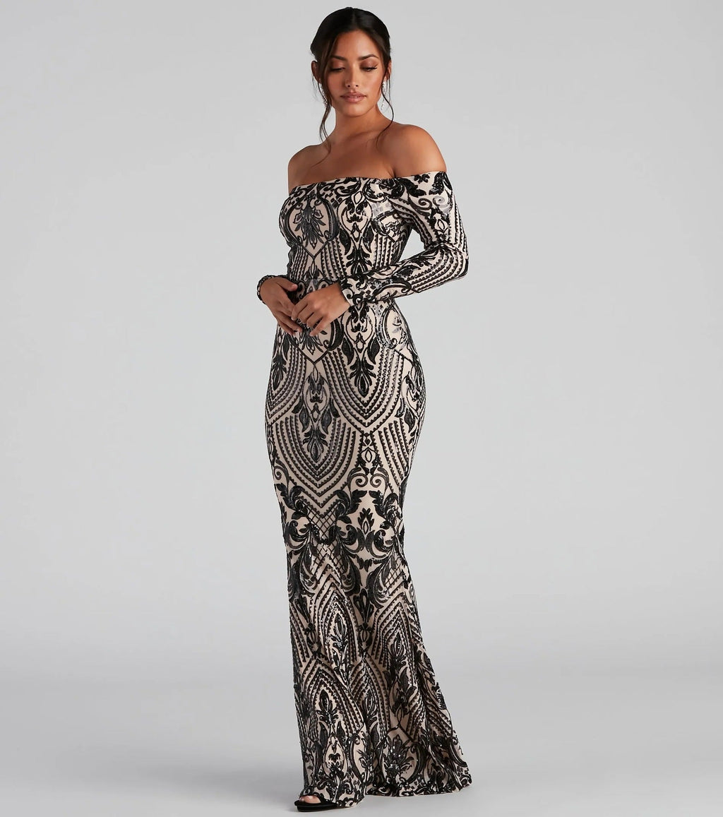Elegant Sequined off shoulder Cocktail Evening Maxi Dress Formal