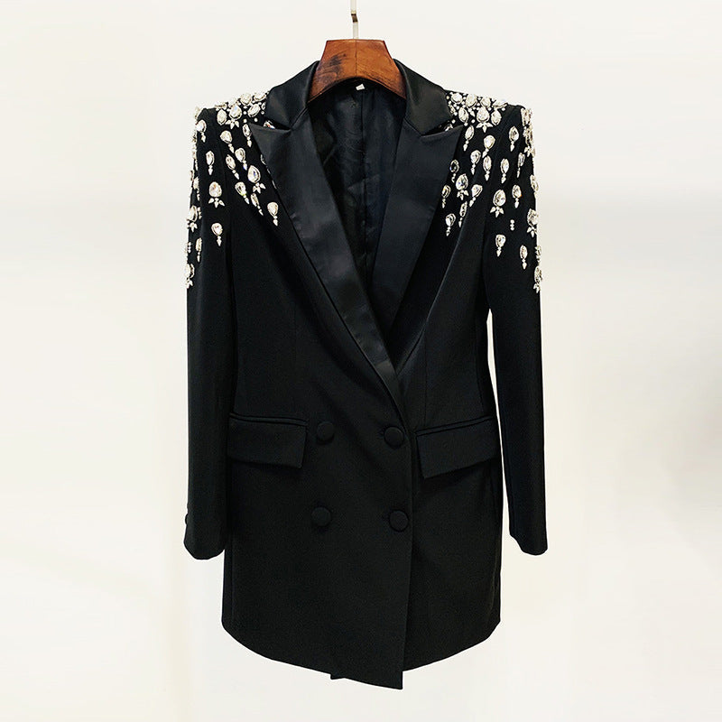 Handmade Rhinestone Embellished Beaded Diamond Slim Fit Long Blazer Jacket Dressy
