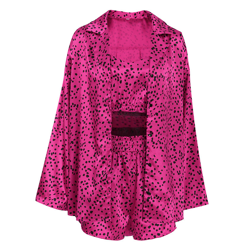 Autumn Satin Polka Dot Printed Underwear Shorts Outerwear Gown Three Piece Pajamas