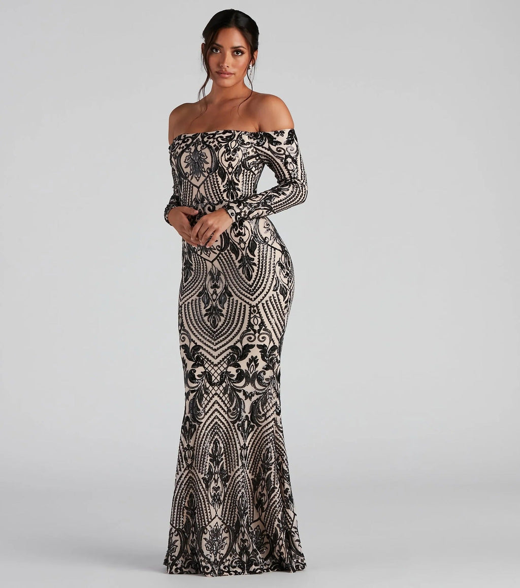 Elegant Sequined off shoulder Cocktail Evening Maxi Dress Formal