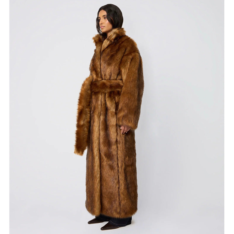 Winter Faux Wolf Fur Coat Long below the Knee Warm Jacket