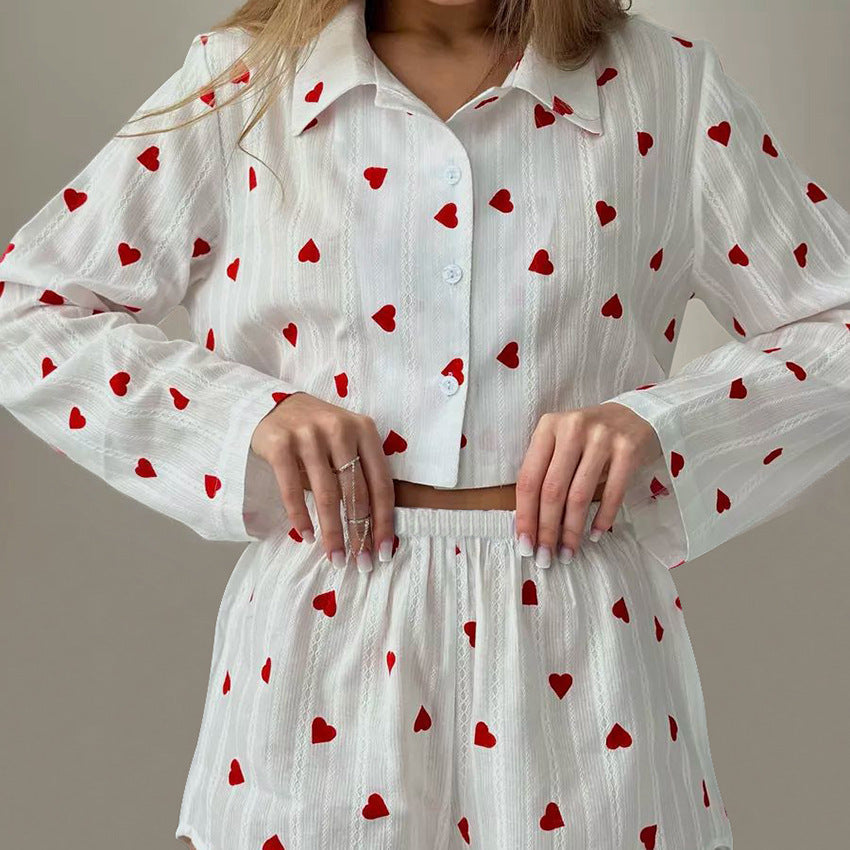 Spring Pure Cotton Jacquard Pajamas Two Piece Set Heart Printing Long Sleeve Shorts Red White