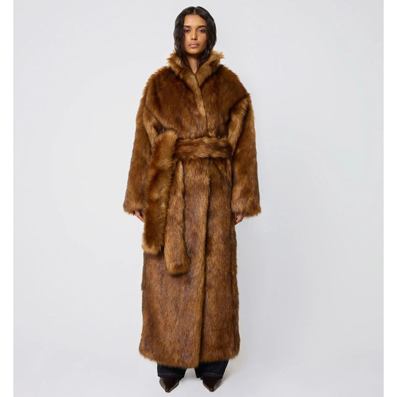 Winter Faux Wolf Fur Coat Long below the Knee Warm Jacket