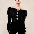 Elegant Business Blazer Dressy large gold buttons ostrich feather Cocktail Formal Jacket