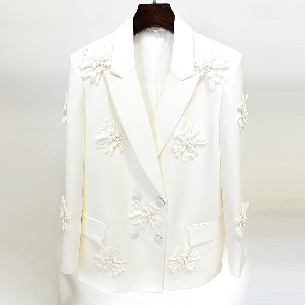 Double Breasted Three-Dimensional Floral Decorative 3D Rose Blazer Hot Pink White