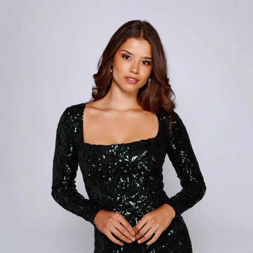 Long-Sleeved Sequined Sheath Dress Short Party Club Prom Cocktail Black Green