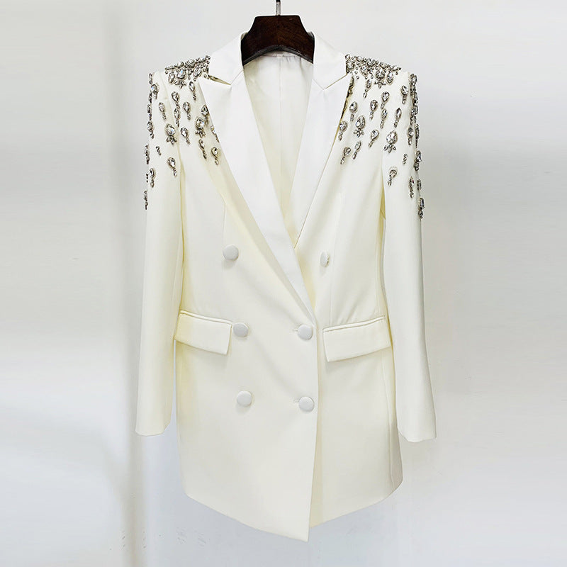 Handmade Rhinestone Embellished Beaded Diamond Slim Fit Long Blazer Jacket Dressy