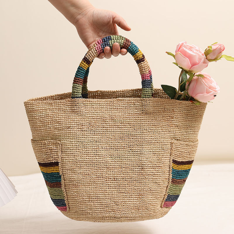 High Grade Raffia Straw Woven Bag Outer striped Pockets Straw Seaside Vacation Beach Bag purse