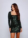 Long-Sleeved Sequined Sheath Dress Short Party Club Prom Cocktail Black Green