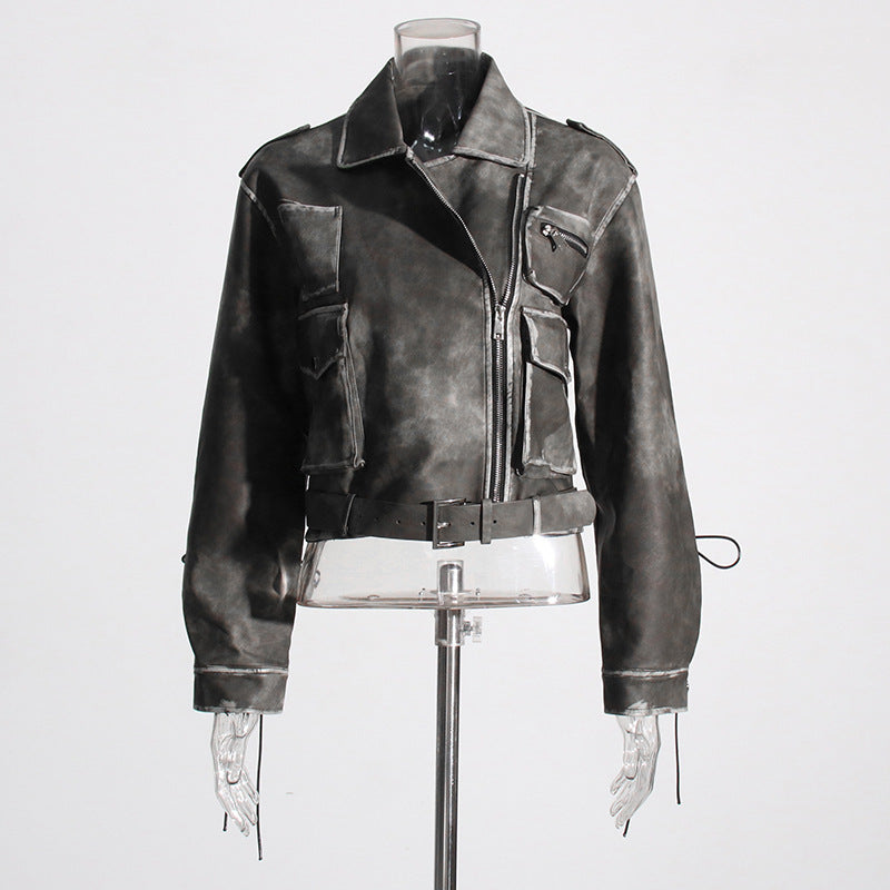 Niche Design Short Distressed Leather Motorcycle Coat Asymmetric Zipper Tooling