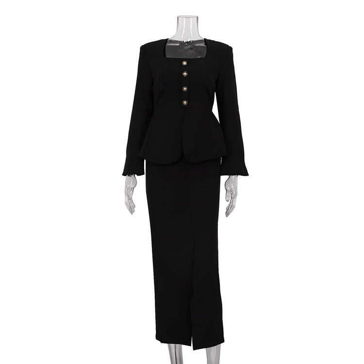 Ladies Square Collar Long Sleeve cropped blazer skirt Two Piece Set Suit Business Career