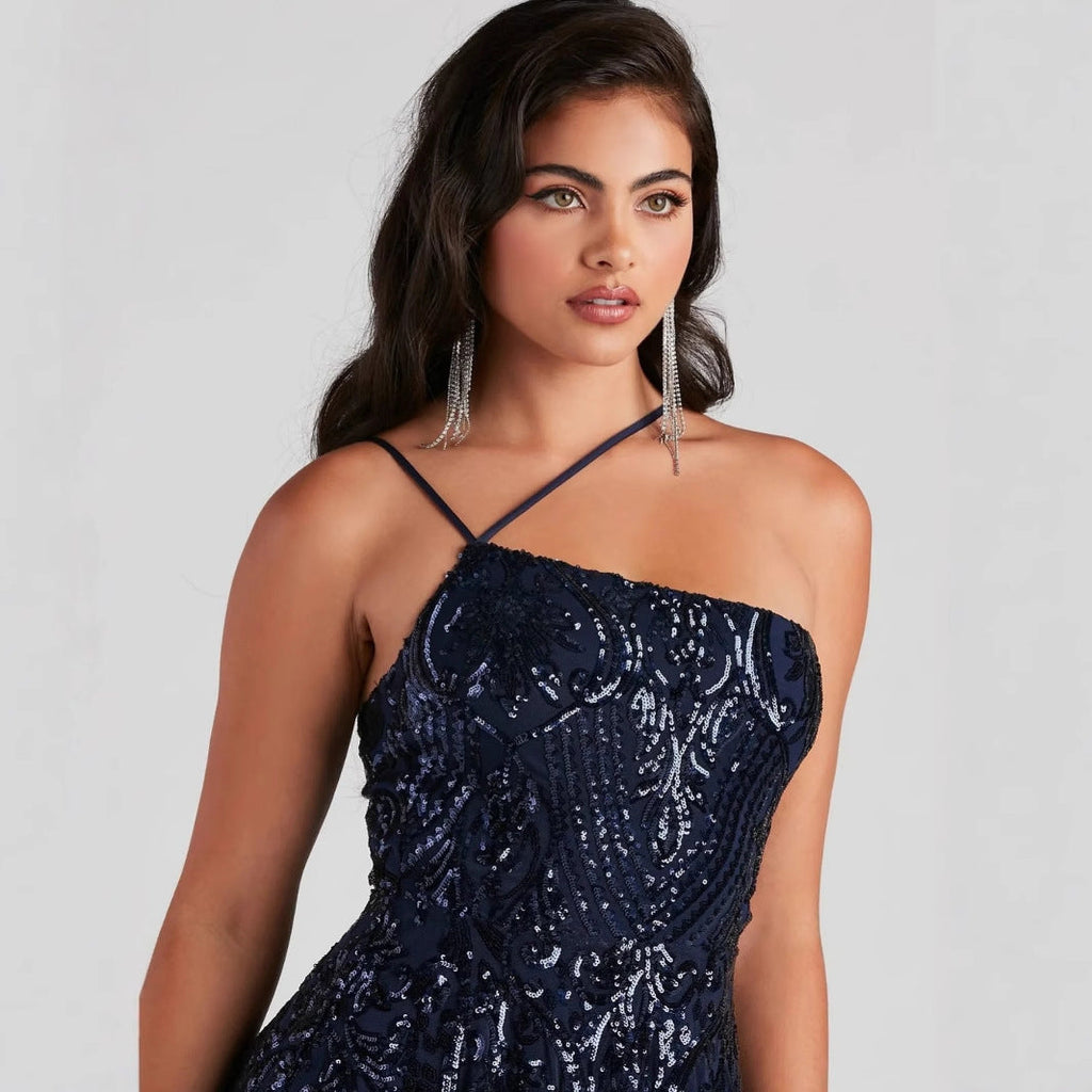 One Shoulder Sequined Nightclub Party Dress Prom Blue Cocktail