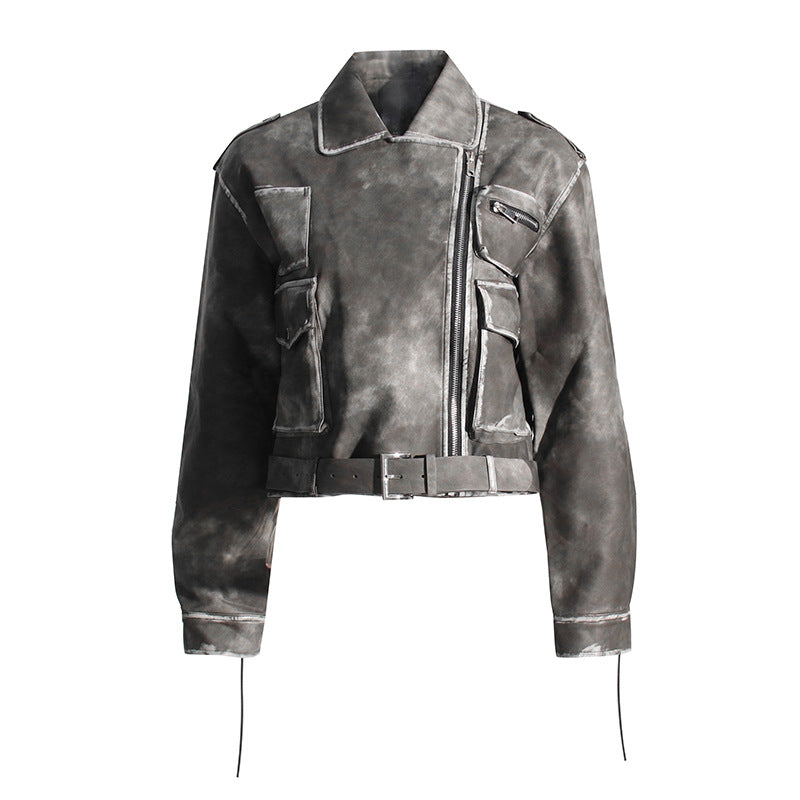 Niche Design Short Distressed Leather Motorcycle Coat Asymmetric Zipper Tooling