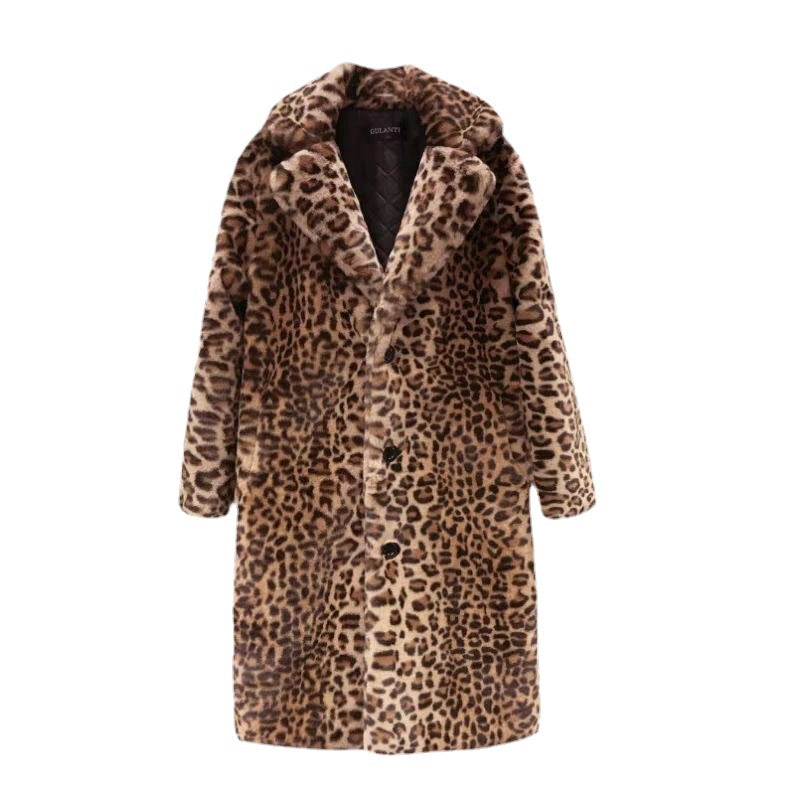 Leopard Print Coat Winter Faux Fur Long Warm Thick Plush